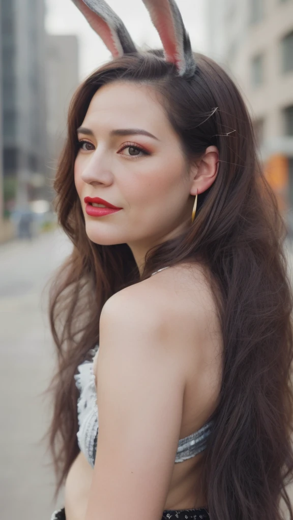 Groovy American 40 year old female Rabbit face and ears, with human body, 3/4 profile portrait woman, modern fashionable style. funky wild 2023 accessories. etc. blurry urban background