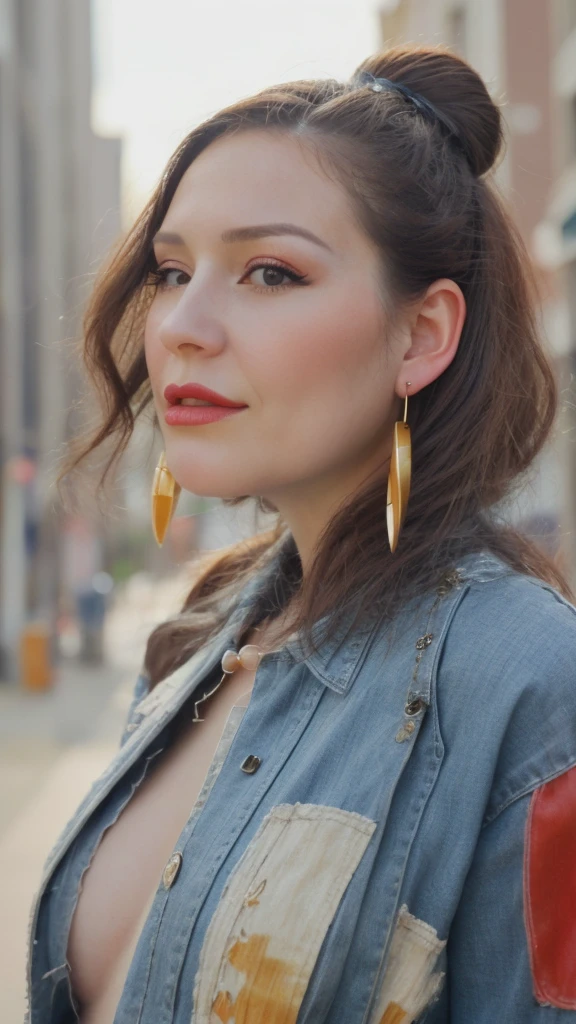 Groovy American 40 year old female Rabbit face and ears, with human body, 3/4 profile portrait woman, modern fashionable style. funky wild 2023 accessories. etc. blurry urban background