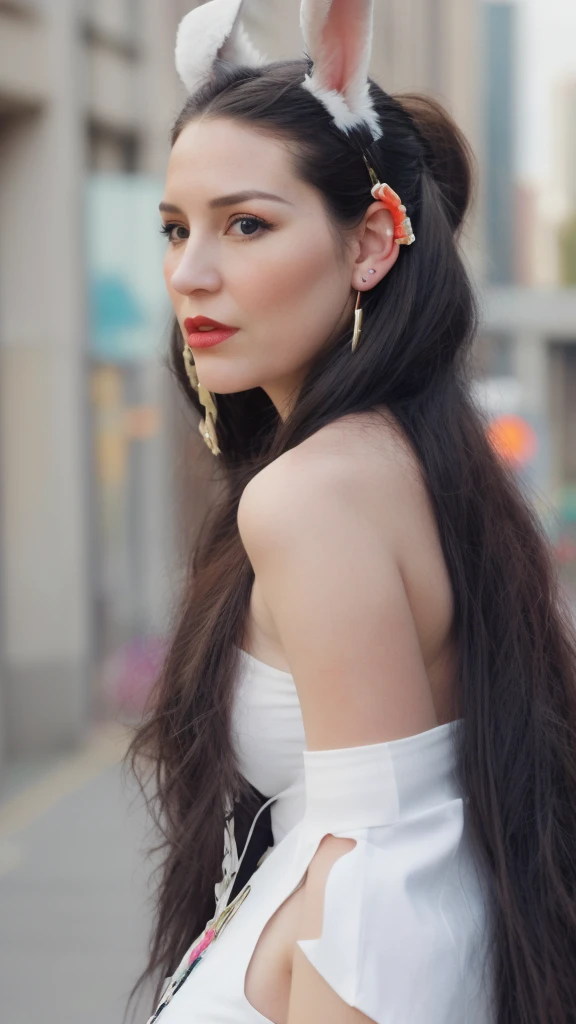 Groovy American 40 year old female Rabbit face and ears, with human body, 3/4 profile portrait woman, modern fashionable style. funky wild 2023 accessories. etc. blurry urban background