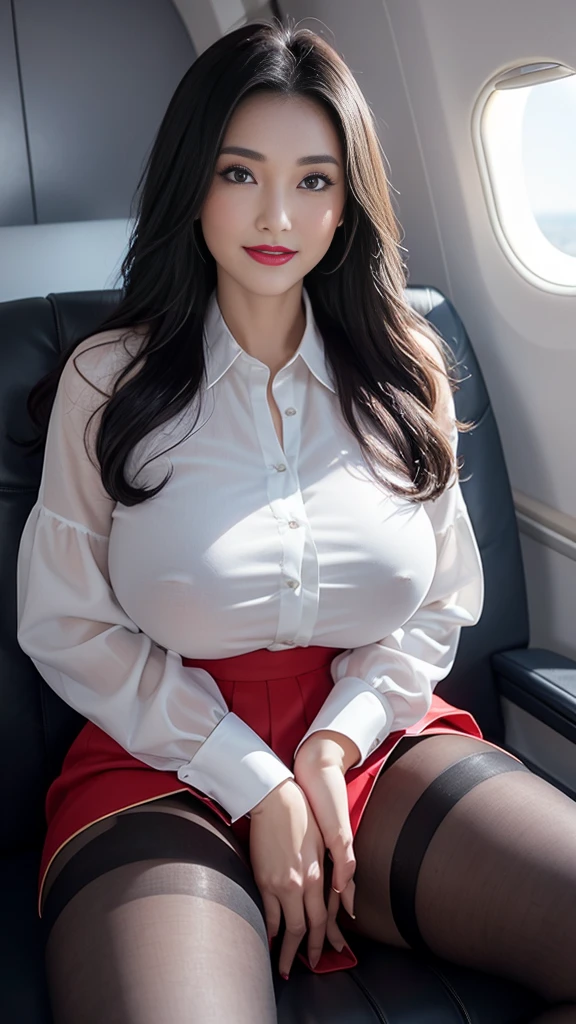 Close-up: A beautiful office lady with huge breasts and beautiful legs sits on an airplane and spreads her legs wide to seduce you. Glossy, staring with moist eyes, bare legs, view from below, smile, blouse, miniskirt, pantyhose, red lipstick, waves