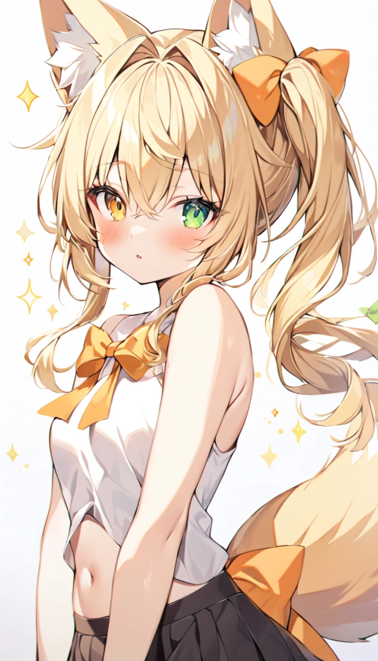 1girl, animal ear fluff, animal ears, bangs, bare shoulders, blonde hair, blush, bow, breasts, clothing cutout, dress, fox ears, fox girl, fox tail, green eyes, hair between eyes, hair bow, hair intakes, heterochromia, long hair, looking at viewer, navel, orange bow, parted lips, shirt, side ponytail, skirt, sleeveless, small breasts, solo, sparkle, stuffed animal, stuffed toy, tail, upper body, white background, white shirt, yellow eyes