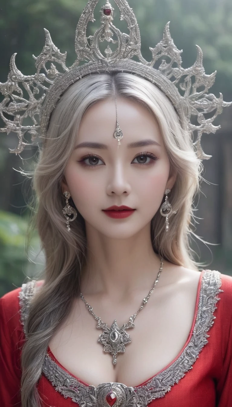 (((surreal woman)))、((very beautiful 30 year old white woman))、(((Big big cleavage)))、のWitch girl、blonde mature、plump body shape、smile、middle-aged beauty 、Very delicate and delicate skin texture、Witch girl、{(ancient ornate and luxurious temple)、(many torches are burning)}、red lips、fine scarlet eyes、(((Luxury and gorgeous silver outfit and luxurious accessories)))、I have a shining platinum wand、