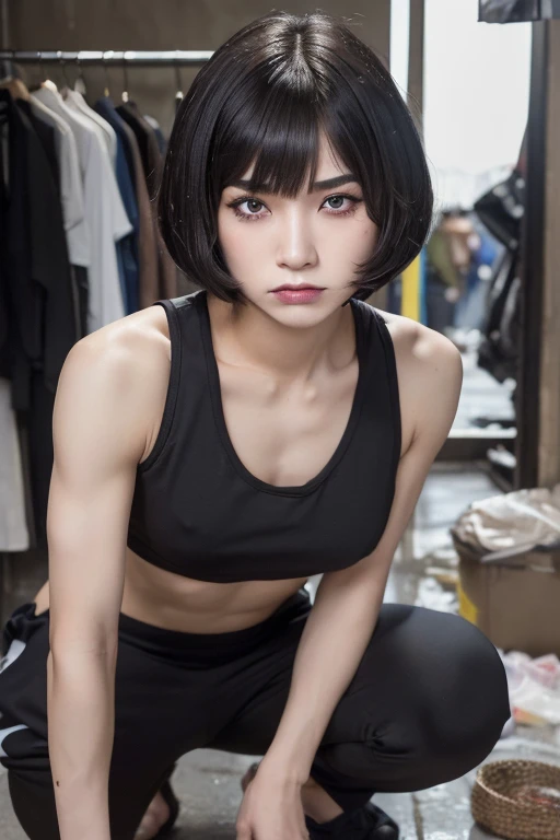 Realistic photos, 8K,(((Bob cut ladyboy,Transgender,otokonoko))),(((Moist,In a dirty room,squat,Homeless,Beggar,Pale face,It is dirty,Bad smell,dirty,odor,Homeless,Depraved,Handsome young Korean ladyboy with bob cut))),(((とても大きなeye,Glaring at the camera,Angry face,Looking into the camera,Frowning))),Chest is male,18-year-old,(Ultra-realistic), (shape), (High resolution), (8K), (Very detailed), (Best shape), (Beautiful details), (Highest quality), (Very detailedな), (masterpiece), (wallpaper), (Detailed face), ((whole body,Flat Chest,Very muscular,Muscles like athletes,eye,Large scale)),alone,Black hair bob cut,(((Girl with makeup on her face,The body is perfect man))), Dirty tracksuit,Training pants,Transgender,Korean,K-Pop,Muscular male chest