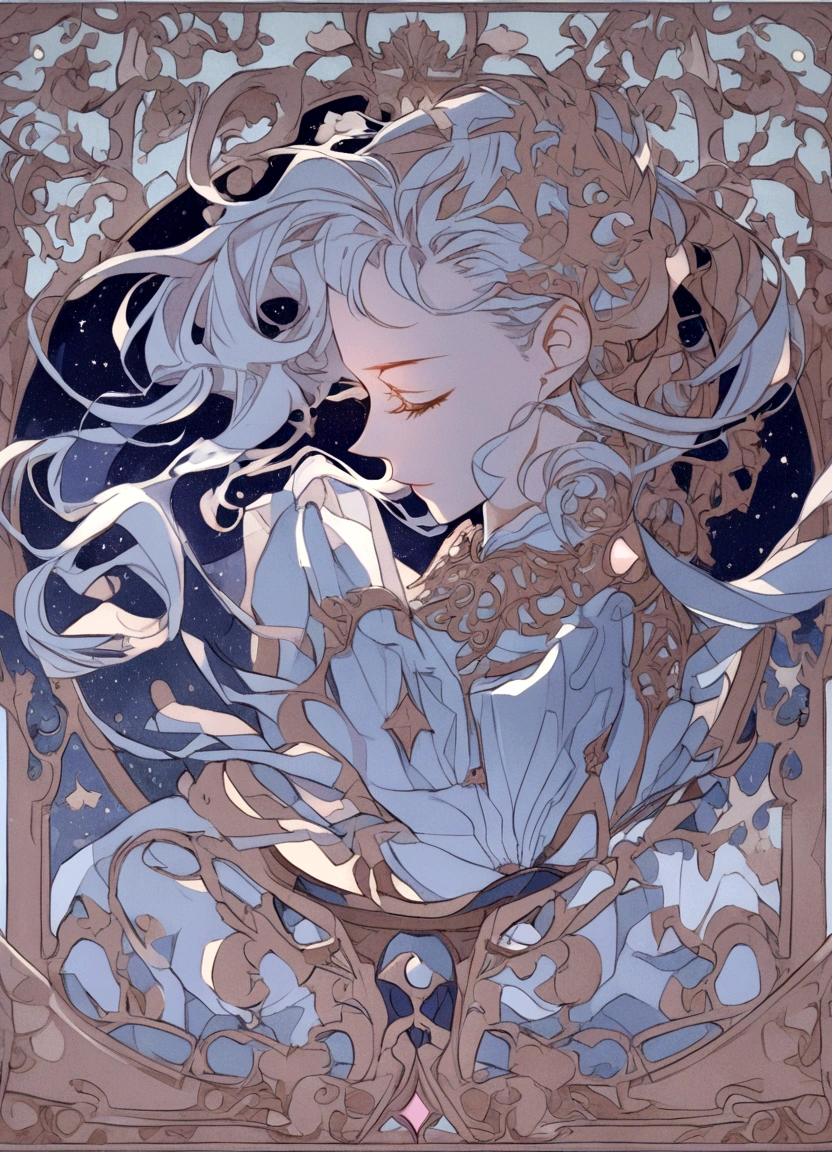 cinematic lighting, soft smile, profile, floating hair, starry sky background, bande dessinée style
