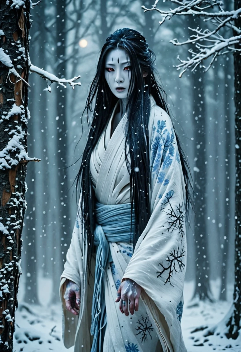 Depict a traditional Japanese yokai, the Yuki Onna (snow woman), in a dark and eerie snowy forest. The Yuki Onna has long, disheveled black hair, pale blue skin with an icy, ghostly glow, and is dressed in a tattered white kimono. Her expression is menacing and her eyes are piercing with a cold, haunting stare. Snowflakes fall heavily around her, and a chilling mist surrounds her figure. The background features twisted, snow-covered trees and a pale, ominous moon casting an eerie light over the scene. The overall atmosphere should be terrifying and unsettling.