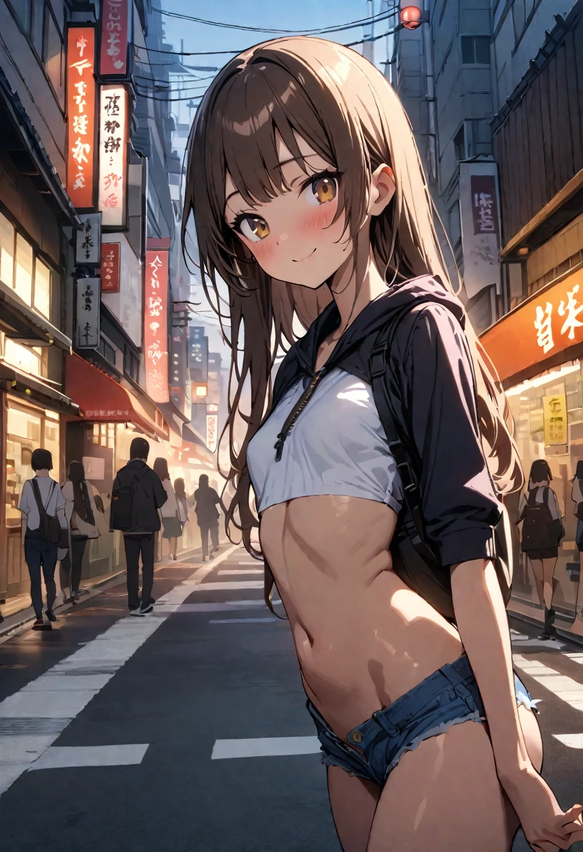 ((masterpiece,Highest quality;1.3,best illustration)),cowboy shot,1woman、25 year old beauty、独奏,((very small head:1.5)),dark brown hair,long hair,bangs,brown eyes,gorgeous eyes,blush,smile,small breasts,((very long body:1.3)),((toned body,slender body,skinny)),gleaming skin,shiny skin,oily skin,(Black zip-up hoodie outer jacket、White T-shirt、denim micro shorts)、Black rucksack、on street,Tokyo,