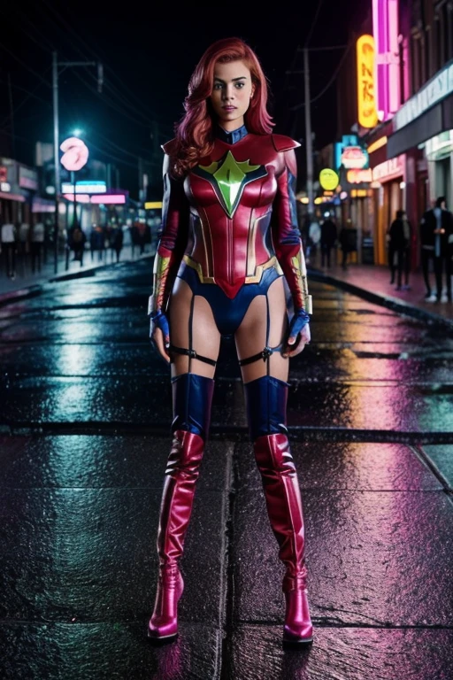 Medium Shot, colorful, (Scarlett Emerson in a bold superheroine costume, powerful stance), twilight lighting, (standing in a neon-lit street, rain-soaked pavement), (50mm lens, Nikon D850, vivid details, professional, action photography, trending on Instagram), by David LaChapelle and Tim Walker and Gregory Crewdson