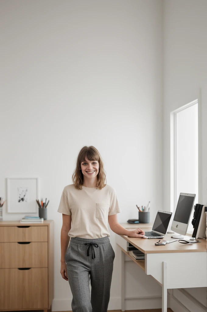 RAW Photo, DSLR BREAK a young woman with bangs, (light smile:0.8), (smile:0.5), wearing relaxed shirt and trousers, causal clothes, (looking at viewer), focused, (modern and cozy office space), design agency office, spacious and open office, Scandinavian design space BREAK detailed, natural light 
