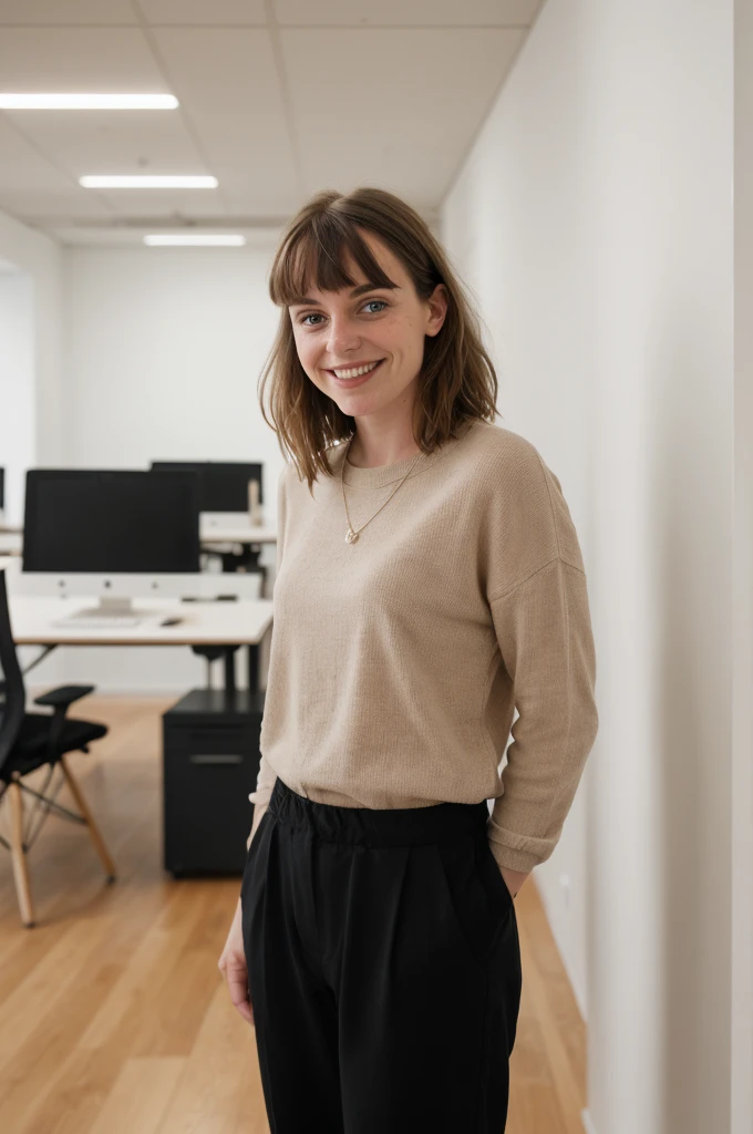 RAW Photo, DSLR BREAK a young woman with bangs, (light smile:0.8), (smile:0.5), wearing relaxed shirt and trousers, causal clothes, (looking at viewer), focused, (modern and cozy office space), design agency office, spacious and open office, Scandinavian design space BREAK detailed, natural light