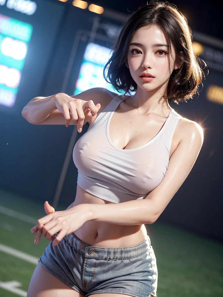 Mix 4, (8k, Live Shooting, Highest quality, masterpiece: 1.2), (Real, Photorealistic: 1.37), 一人のgirl, cute, night, rain, Wetty, Professional Lighting, Photon Mapping, Radio City, Physically Based Rendering, Gradient black hair, Gray Hair, Short Curly Hair, good looking, girl, Highest quality写真, High resolution, 1080P, (Clear Face), (Detailed face description), (Detailed hand description), (masterpiece), (Exquisite CG)、Extreme light and shadow、Disheveled Hair、Masterwork、Rich details、(Fine facial features)、(Highest qualityの写真)、(Masterpiece)、(Detailed eyes)、Look in front of you、Detailed clavicle、((Mid-breasted))、Nipple erection、Sexy、Lady、Clear、Smooth Hair、Clothes are not shiny、Sportswear、Clothing worn during athletics、Sweaty、Athletics Stadium、Shorts