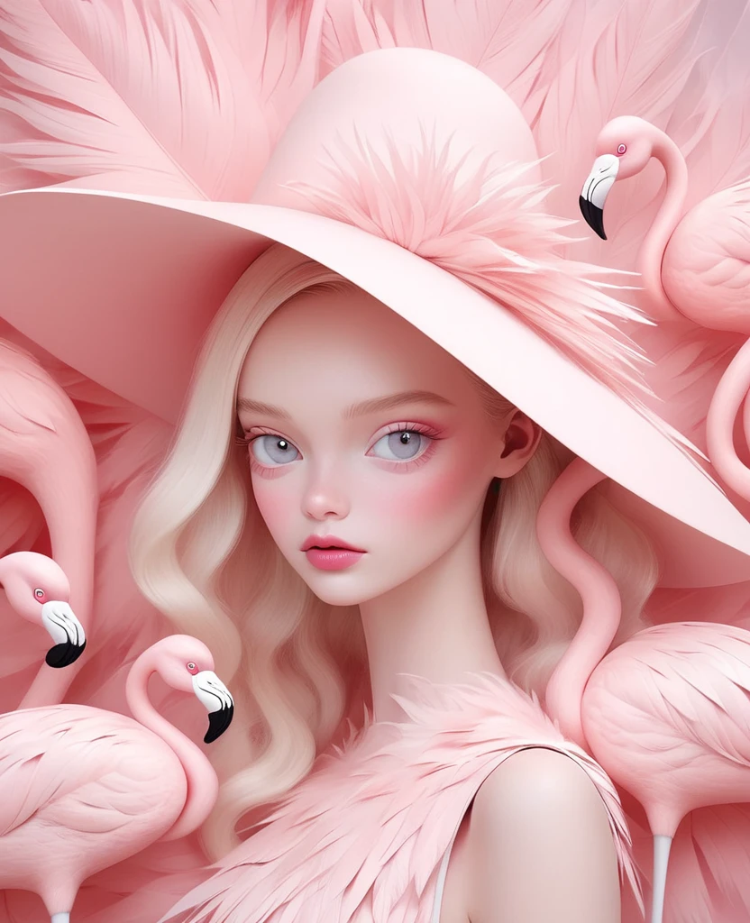 A blonde girl wearing a white hat made of flamingo feathers，The background is pink，With pink hue, Hugh Kretschmer (hugh kretschmer) and Nicoletta Sekoli (Nicoletta Ceccoli) Detailed illustrations of the style，Features magical realism style and soft pink color, Pale pink color scheme，Symmetrical composition and minimalist design，Similar to fashion magazine covers or editorial photography.