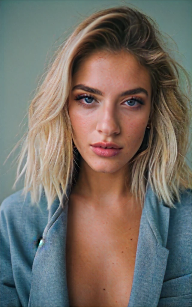 a beautiful 20-year-old woman, PLATINUM BLONDE, baggy clothes, makeup, lips,, night, messy hair, retro, Porta 160 color, shot on ARRI ALEXA 65, sharp focus on subject, Fujifilm XT-3 slim body