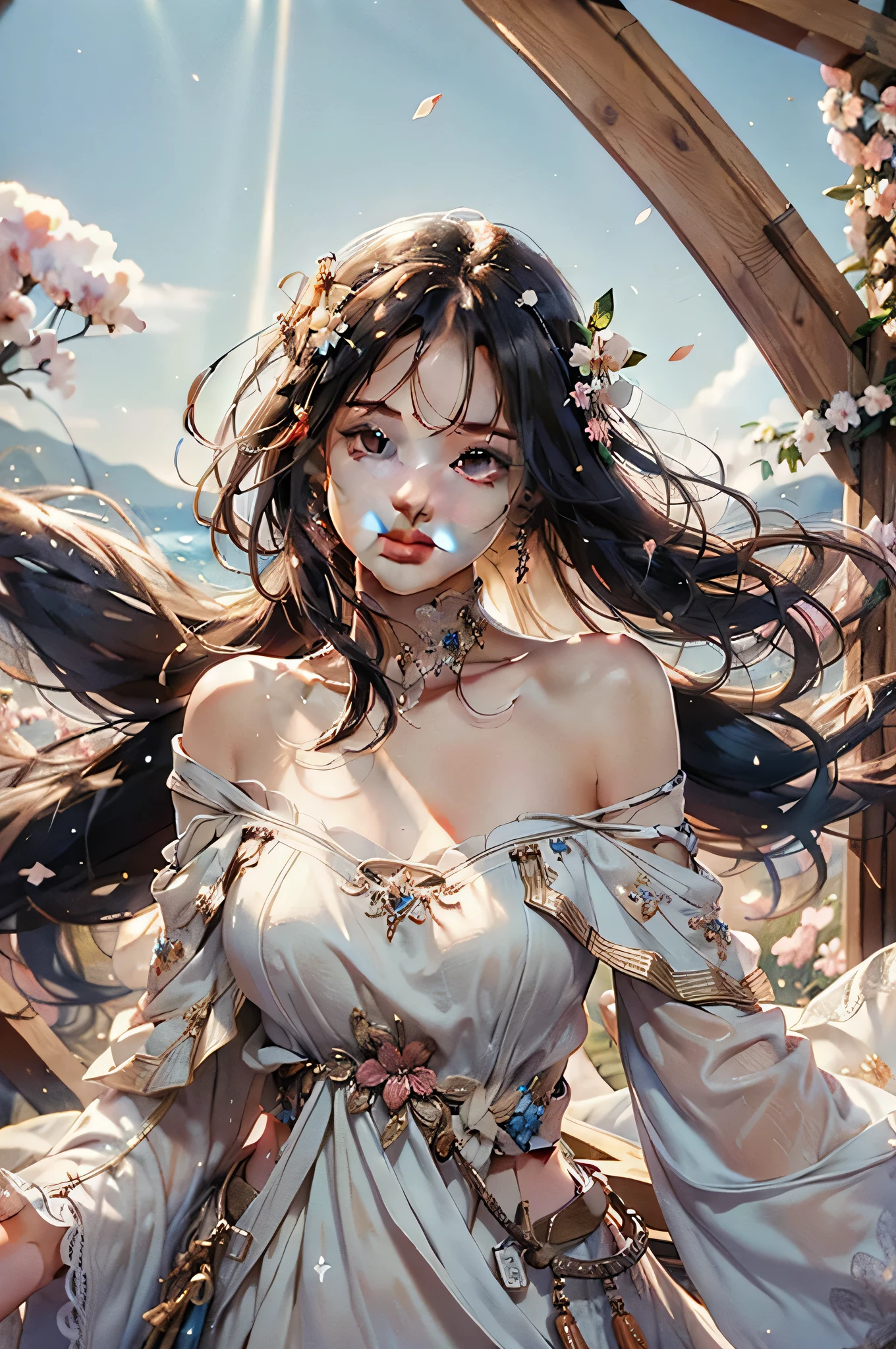 Best quality, masterpiece, ultra high res, (photorealistic:1.4), raw photo, 1girl, dress, off shoulder, blossom flower field, glowing skin, light smile,(masterpiece, best quality:1.2), cute,(Woman of) unsurpassed beautyglitter background
Spectacular view
One beautiful girl in a thousand years,cute,cowboyshot,