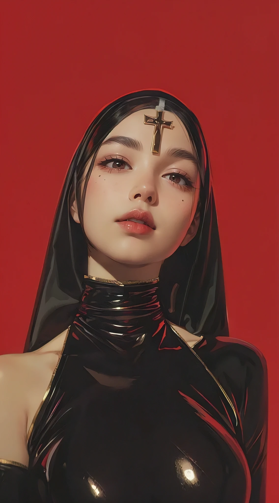 A beautiful nun with a cross on her lips against a red background, wearing a black latex outfit with gold details, in the style of David Uhl and Jeanloup Sieff and anime, from a Vogue cover photo with a maximalist composition trending on Instagram.