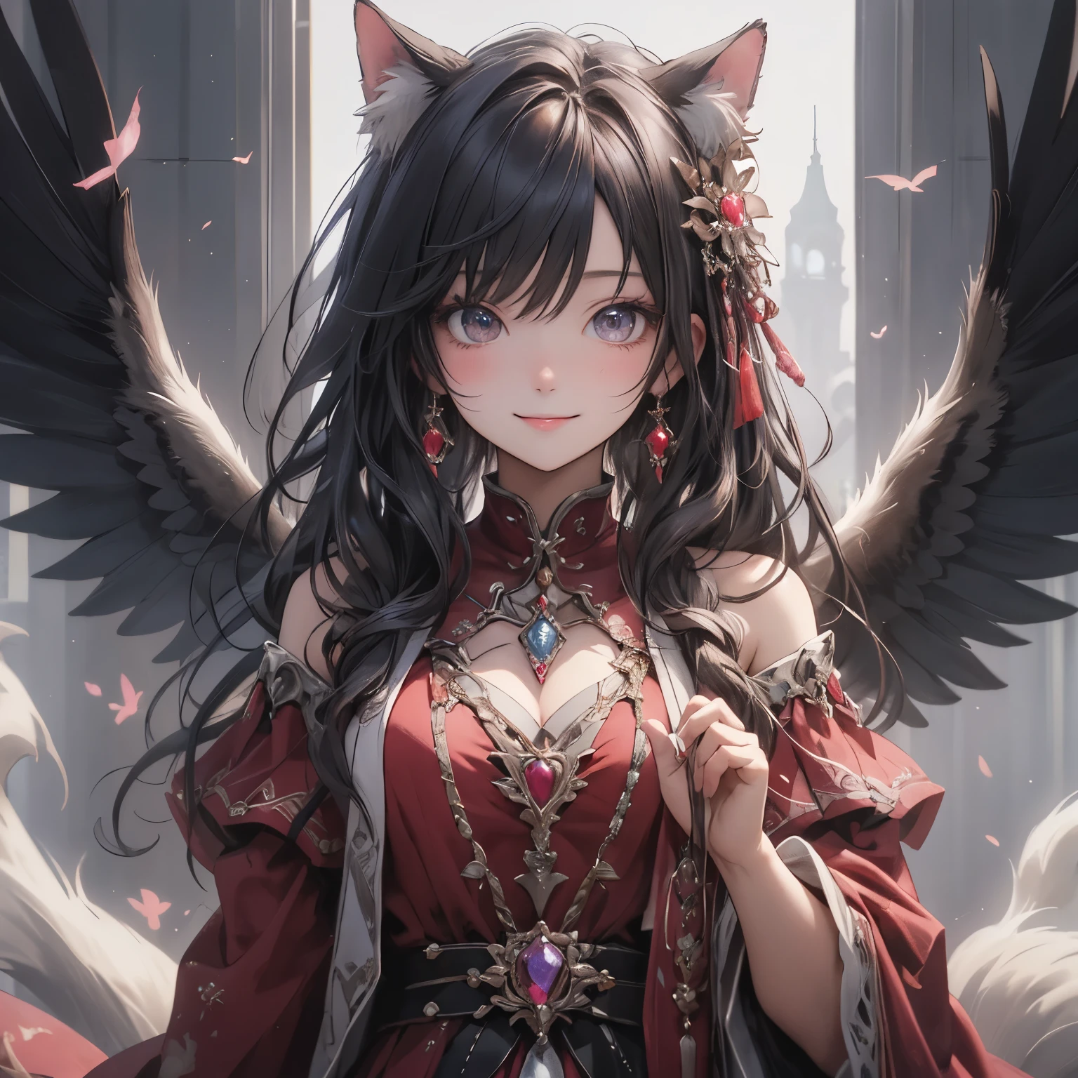 (masterpiece), Highest quality, Ultra-high resolution,Ruby色のリボンをつけた猫、Ruby色の髪、Ruby色の目、Ruby色の服、gem、Ruby、Fantasy、smile