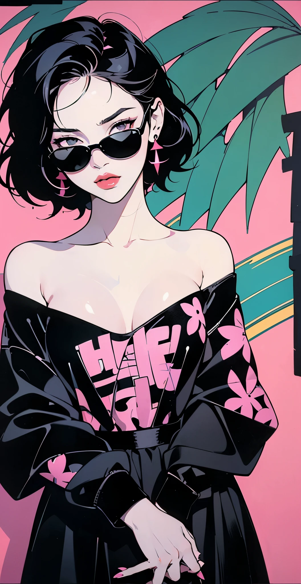 ((Lisa Black Pink)) in a dress standing in front of simple background, up close, ((Art style by Patrick Nagel)), ((8k, wallpaper, detailed)), dark sunglasses, korean pop-star, black hair, pretty hands, fringe, simple red background, palm trees, (graffiti wall:1.2), strong, courageous, art by Patrick Nagel, album art cover