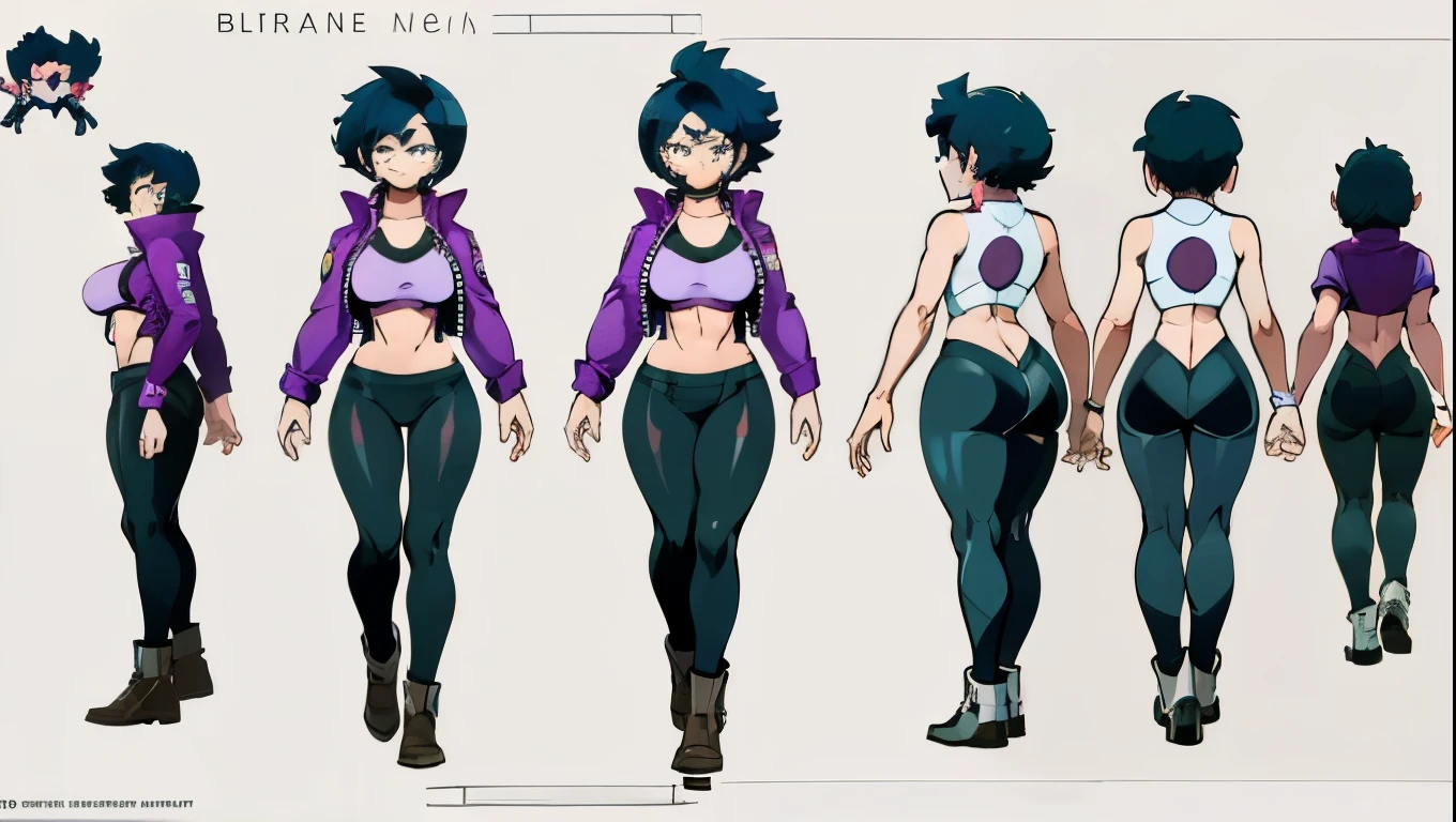 ((My Hero Academia Style)), ((Bibi)), ((Brawl Stars)), purple cropped jacket, black tight leggings, short orchid tank top, exposed abdomen, abs, wide hips, wide thighs, medium breasts, blue hair, (full body photo:1.5), (full body photo:0.5), (High resolution)), ((concept art of character)), ((Character Design Sheet)), (Same role), (frontage), (Lateral face), (on back), ((three sided view)), ((multiple views)), (((perfect anatomy))), (((perfect hands))), (((super detailed))),