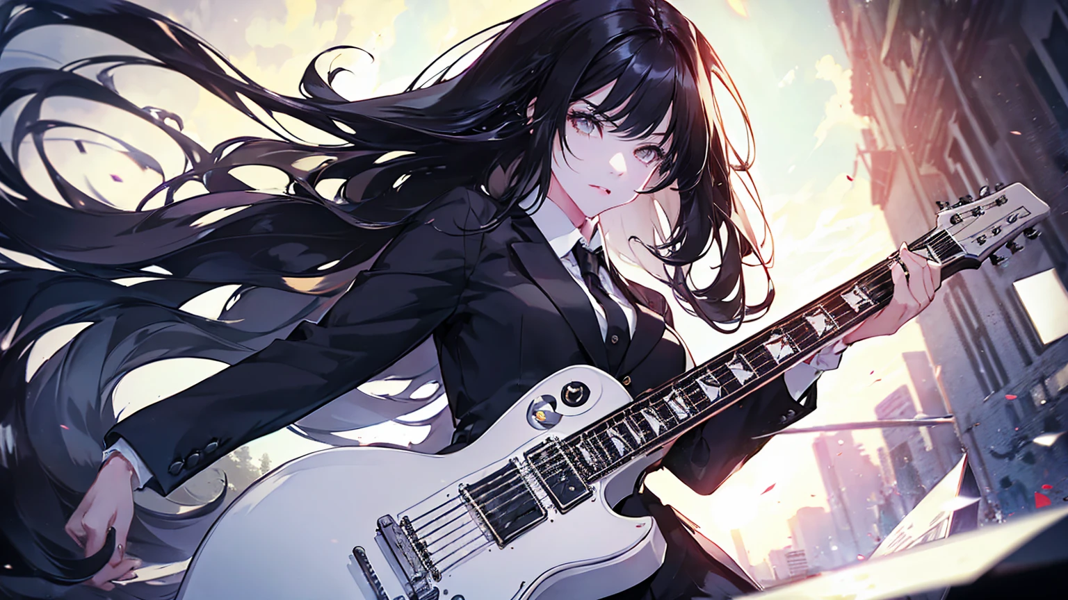 1 girl, long black hair, White eyes, wearing a business suit,playing a Les Paul guitar, High resolution, super sharp, 8k, masterpiece, looking at the viewer, confused
