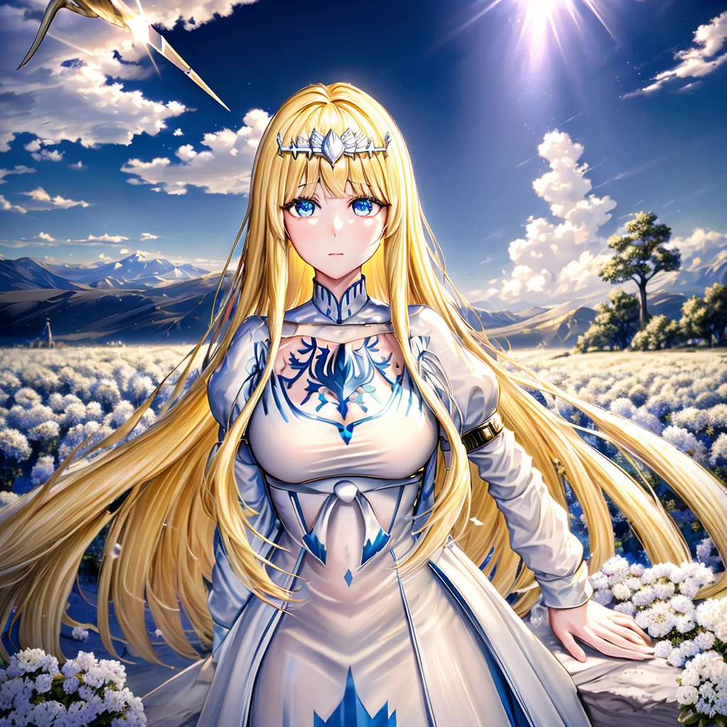 super fine illustration, an extremely cute and beautiful girl, highly detailed beautiful face and eyes, look at viewer, cowboy shot, beautiful long hair, solo, dynamic angle, beautiful detailed dress , heaven castle in background, full of clouds, holy light, blue tone, 1angel,solo, Calca, Calca Bessarez, blonde hair, (extremely long hair:1.3), very long hair, white tiara, silver tiara, white dress, blue eyes, medium chest, wing wings, feature wings, very big wings, extra large wings, two wing behind her shoulder