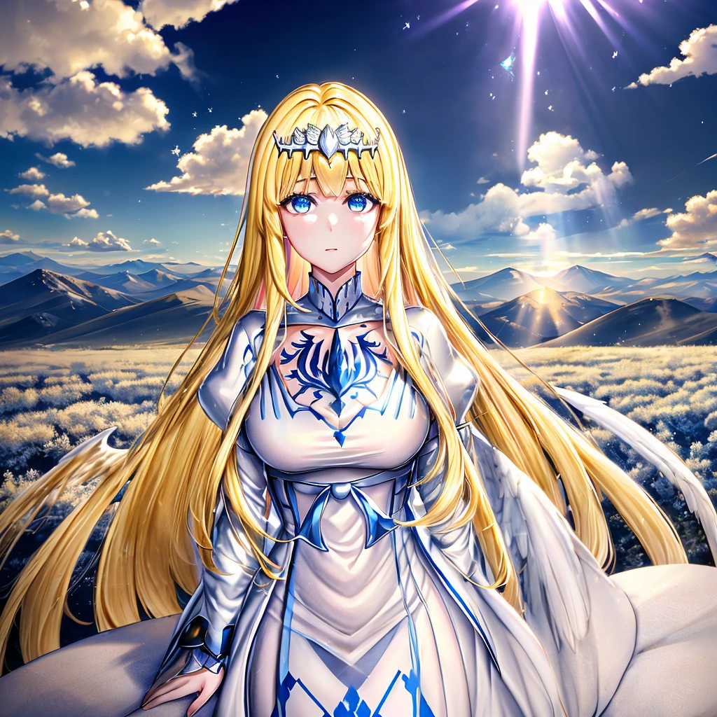 super fine illustration, an extremely cute and beautiful girl, highly detailed beautiful face and eyes, look at viewer, cowboy shot, beautiful long hair, solo, dynamic angle, beautiful detailed dress , heaven castle in background, full of clouds, holy light, blue tone, 1angel,solo, Calca, Calca Bessarez, blonde hair, (extremely long hair:1.3), very long hair, white tiara, silver tiara, white dress, blue eyes, medium chest, wing wings, feature wings, very big wings, extra large wings, two wing behind her shoulder