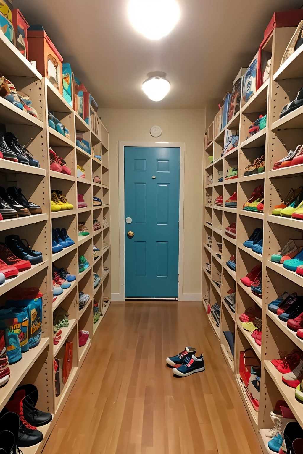 I want a background that includes collectibles, toys, and various shoes.