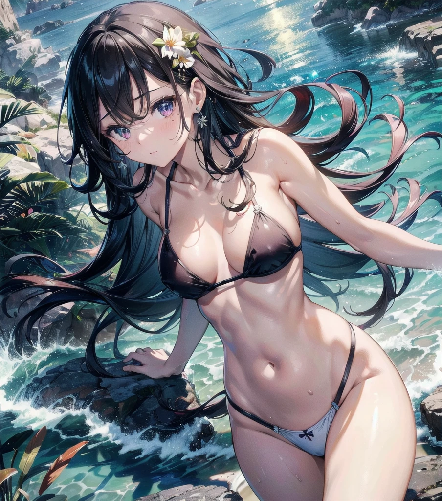 absurdres, RAW photo, extremely delicate and beautiful, masterpiece, Best Quality, ultra high resolution, 32k, hyperrealistic, ultra-detailed, ((perfect anatomy)), super Detailed skin, perfect figure, Very detailed CG 8k wallpaper, in her 20s, very small head, very small face, delicate facial features, tearful mole, earring, huge breasts, whole body shot, middle hair, wavy hair, bikini, outdoor, beach,