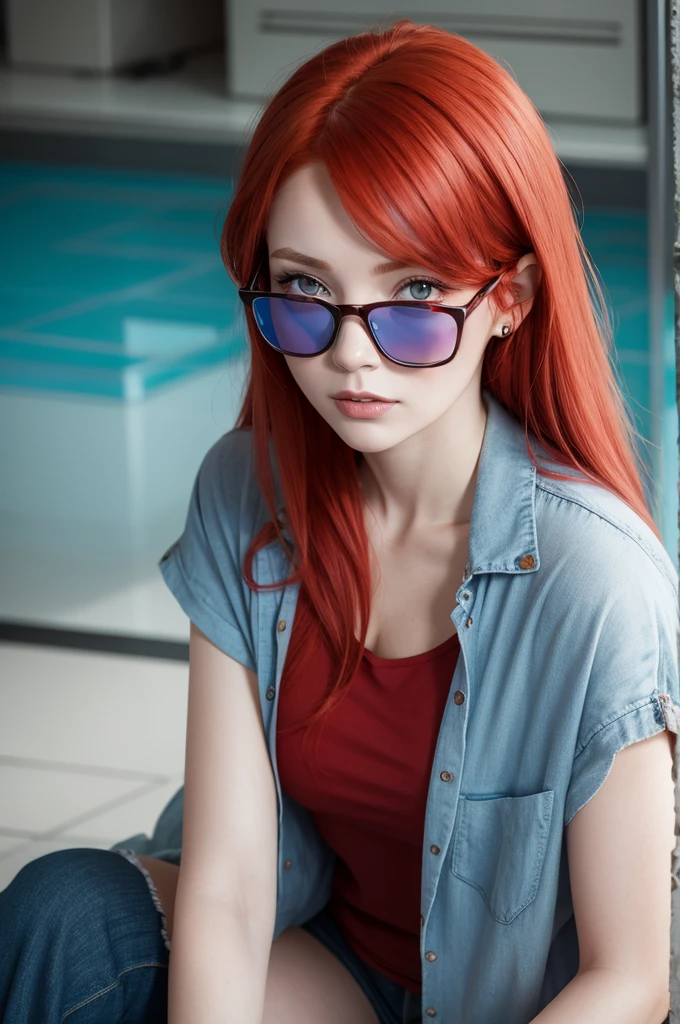 Red haired woman,with blue glasses, adult