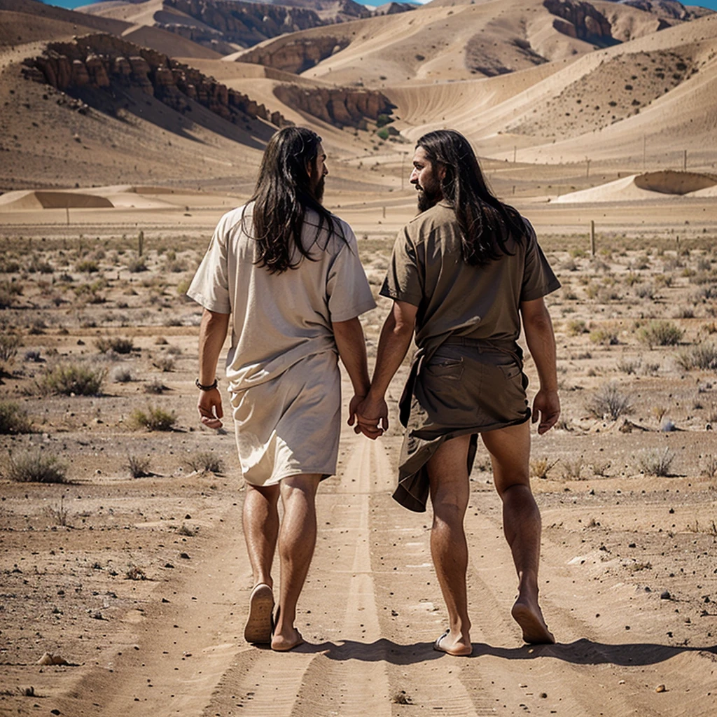 Jesus Christ walking winged by two men in the middle of a semi-desert landscape