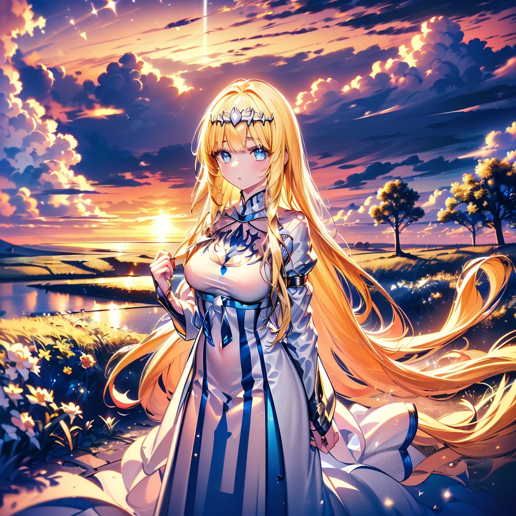, Illustration of one person, , (8k, highest quality, masterpiece:1.2), (Eye details\), (Garment Details), (whole body:1.3), Highly detailed CG Unity 8k wallpaper,Large file size,Very detailed,High resolution,Absurd,Beautiful Eyes,Ray Tracing,Dramatic Shadows,The finer details,Elevation,Hyper Detail,(1:1.3),(alone),25 years old, delicate and beautiful moon,Walking in front of the sunset sky,Multiple diffuse reflections,1girl, solo, Calca, Calca Bessarez, blonde hair, (extremely long hair:1.4), very long hair, white tiara, white dress, blue eyes, medium chest