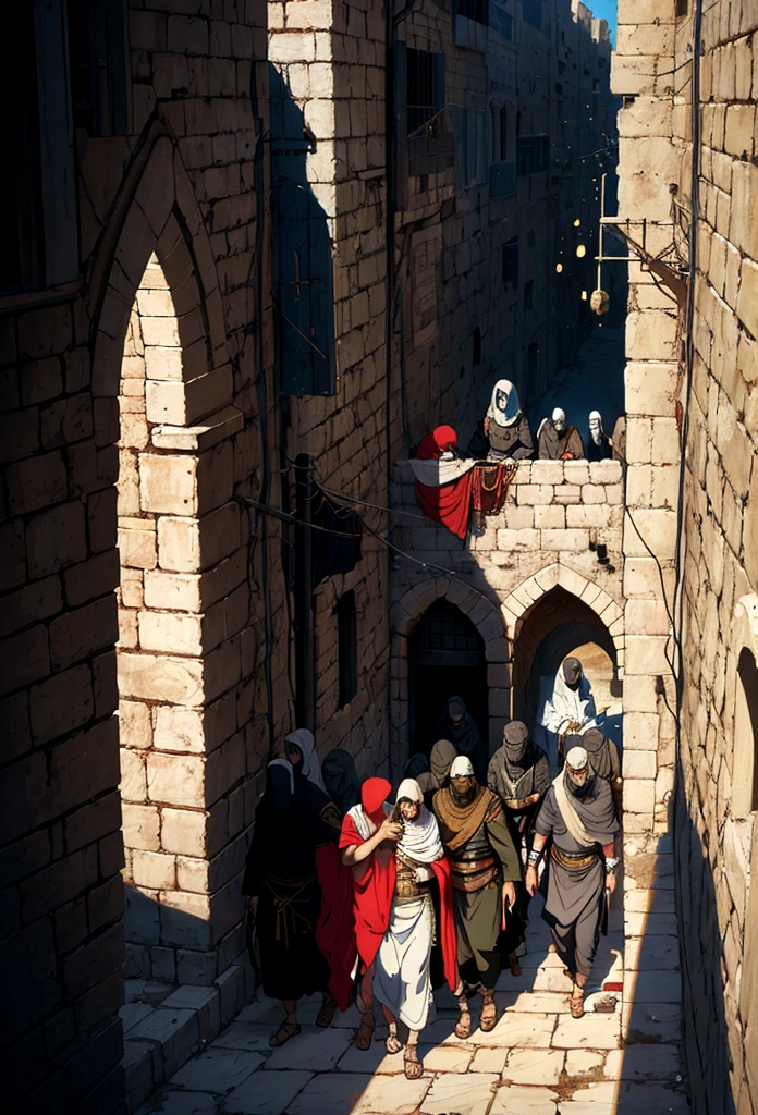 Create an image depicting early Christian believers in Jerusalem facing persecution. The scene should be set in ancient Jerusalem, with Roman soldiers or authorities harassing and arresting Christians. The Christians, diverse in age and gender, are shown with expressions of fear, determination, and faith. Some are being dragged away, while others are praying or comforting each other. The background includes ancient buildings and narrow streets typical of Jerusalem during the first century.".| Dark background|anime style| key visual| intricate detail| highly detailed| breathtaking| vibrant| panoramic| cinematic| Carne Griffiths| Conrad Roset| ghibli,digital artwork by Beksinski,art_booster,DonMM1y4XL,DOUBLE EXPOSURE,veropeso,veropa,art by Jim Mahfood, Enki Bilal, hyper detailed
