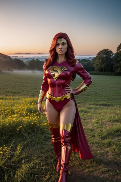 Medium Shot, vibrant, (Scarlett Emerson in a radiant superheroine outfit, confident pose), dawn lighting, (standing in a lush meadow, morning mist), (50mm lens, Canon EOS R5, vivid details, professional, action photography, trending on Pinterest), by Annie Leibovitz and Alex Prager and David LaChapelle