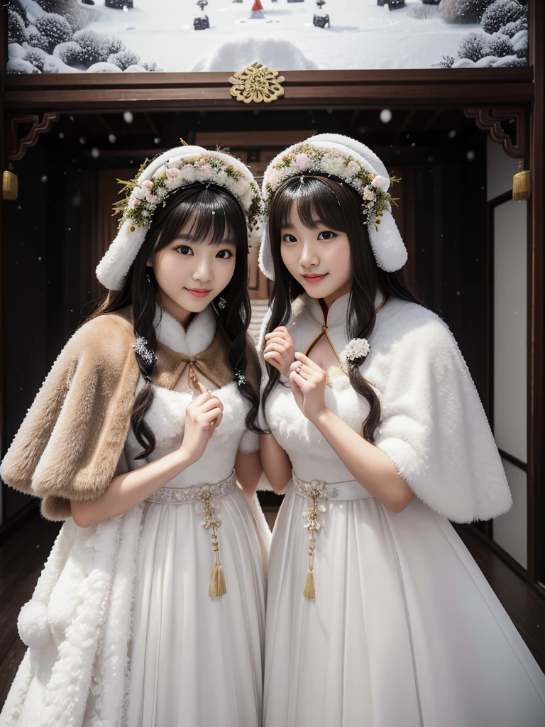 fluffyの毛皮。fluffy。(Chinese archaic queen)(smile)(((Pair of women、snow、Dark Room)))。Wedding dressを着た女性たちの写真。Wedding dress、Brown fur cape。Fisheye Lenultiple women。