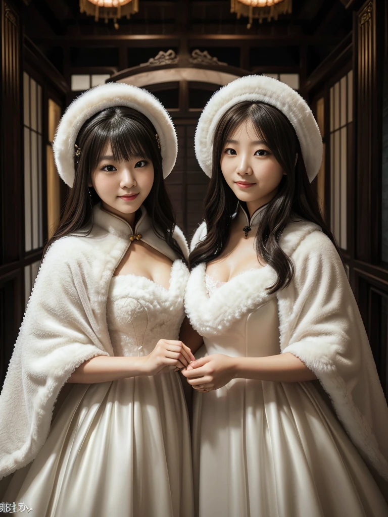 fluffyの毛皮。fluffy。(Chinese archaic queen)(smile)(((Pair of women、snow、Dark Room)))。Wedding dressを着た女性たちの写真。Wedding dress、Brown fur cape。Fisheye Lenultiple women。