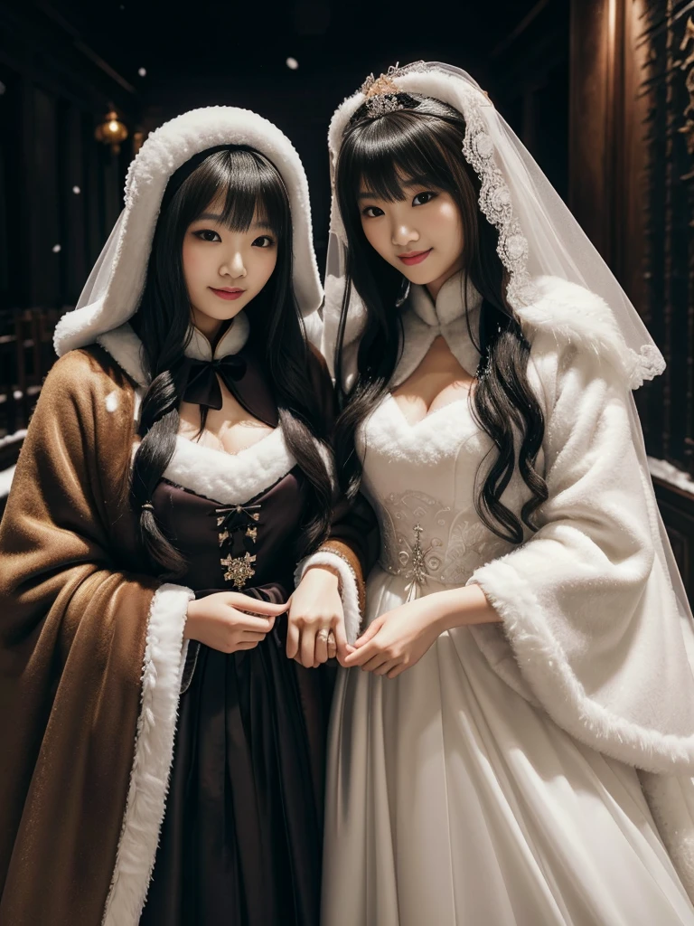 fluffyの毛皮。fluffy。(Chinese archaic queen)(smile)(((Pair of women、snow、Dark Room)))。Wedding dressを着た女性たちの写真。Wedding dress、Brown fur cape。Fisheye Lenultiple women。