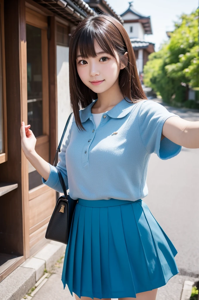 8K, details, Vertical portrait of a charming young Japanese lady , selfie style, high-definition, natural light, as if taken with a Canon camera,blue skirt