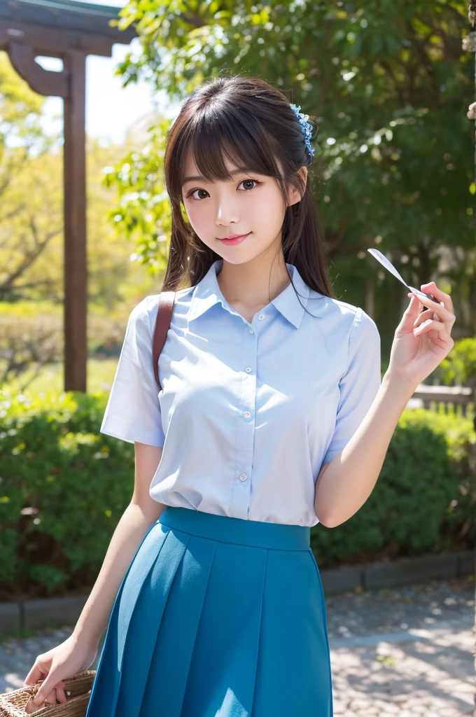 8K, details, Vertical portrait of a charming young Japanese lady , selfie style, high-definition, natural light, as if taken with a Canon camera,blue skirt
