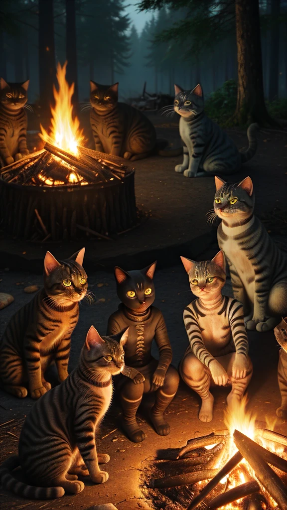 friendly, cat monsters gathered around a campfire