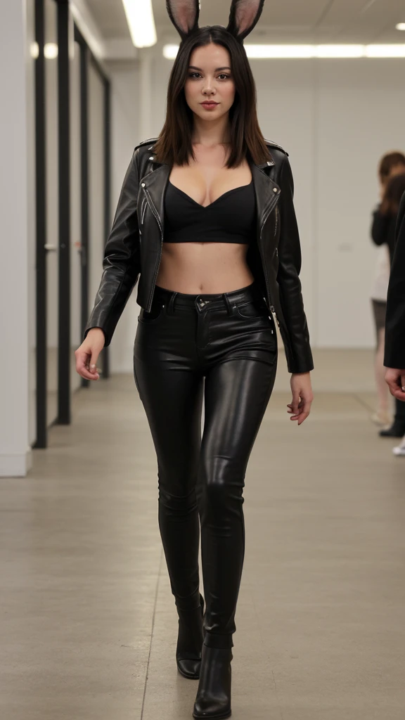 a female with the a rabbit head, walking toward the camera, slim fit slender toned lean, leather pants, black jacket, inside a tesla