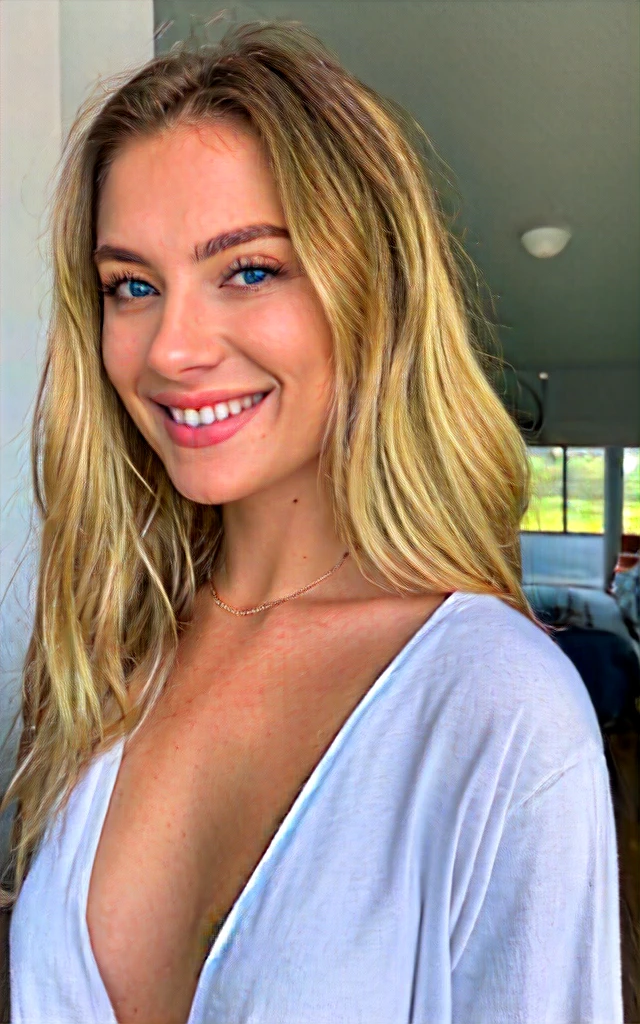 Extremely realistic blonde Russian girl with blonde hair and blue eyes, smiling at the camera, casual outfit