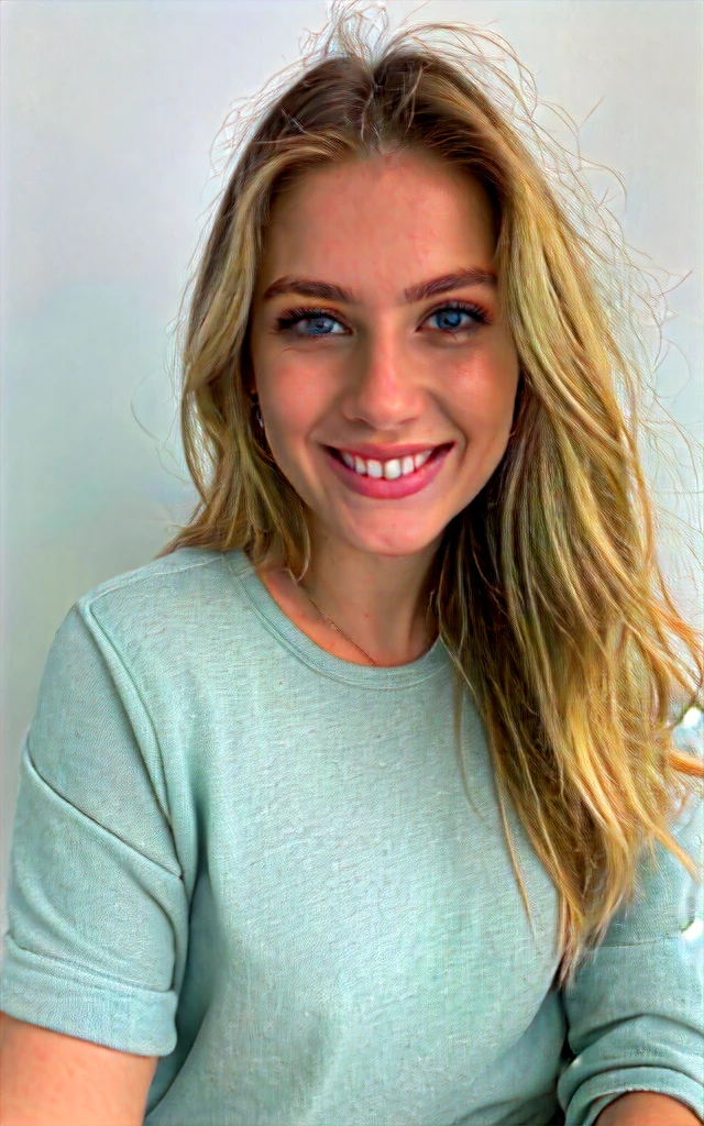 Extremely realistic blonde Russian girl with blonde hair and blue eyes, smiling at the camera, casual outfit