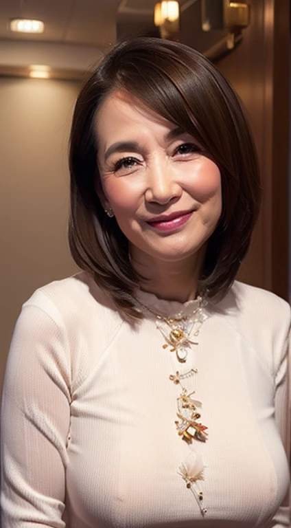 gravure, From the chest up, Tabletop, Highest quality, Super detailed, Realistic, Highly detailed skin, Perfect Anatomy, (1 Japan), (alone), 80 years old, Flashy makeup, A mouth holding a banana in its mouth、Large Breasts, Mature actress, Glamour, Sexy, Chromo White Skin, Take in the view