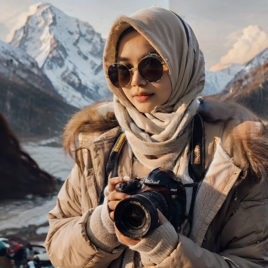 street Photography of indonesian woman, wearing hijab, thick winter jacket fashionable, sunglasses, outdoor, cream color palatte, eye level, mountain peak, sunrise, Bokeh, Deser as background, as a traveller, full_body Extremely Realistic,photo r3al