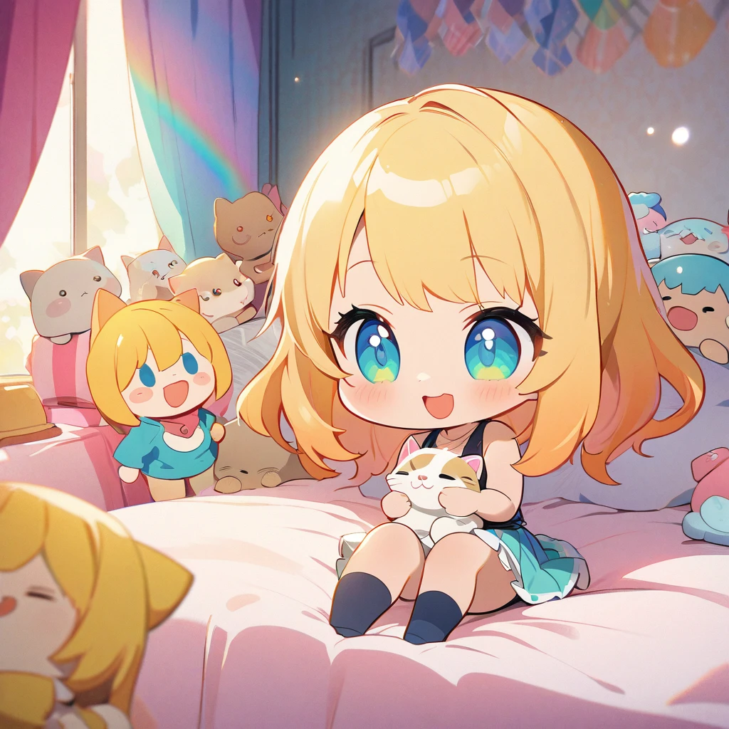 masterpiece、Highest quality、Depth of subject、((2D illustration))、1 beautiful girl、((colorful))、(((chibi style)))、((Long, beautiful hair))、Bright golden hair、ribbon、cute、Beautifully detailed eyes、Tank top、((mini skirt))、(((vivid color))、socks、((in the room))、((bed))、stuffed toy、((medium shot))、((Very happy face))、((Holding a kitten))、((There&#39;s a lot of pink around))、((Lens flare))、White light is shining、Sunbeam、My whole body was filled with light、Cinematic lighting、Full body lighting