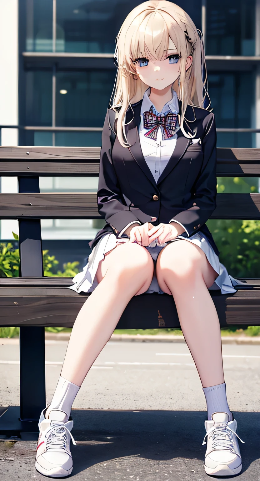 high quality, masterpiece, High resolution, (Head to Toe full body), front, frontComposition from slightly below, Symmetric, Tall 18 year old girl, alone, (Head to Toe), (Small breasts), socks、, (Sit with your legs apart), (Crouching pose), ( (Sit on a bench with your legs spread), (M-shaped feet), Thin legs, Very beautiful tall 18 year old girl, (White sneakers), smile、 Looking into the camera, blazer uniform, Checkered Pleated Skirt