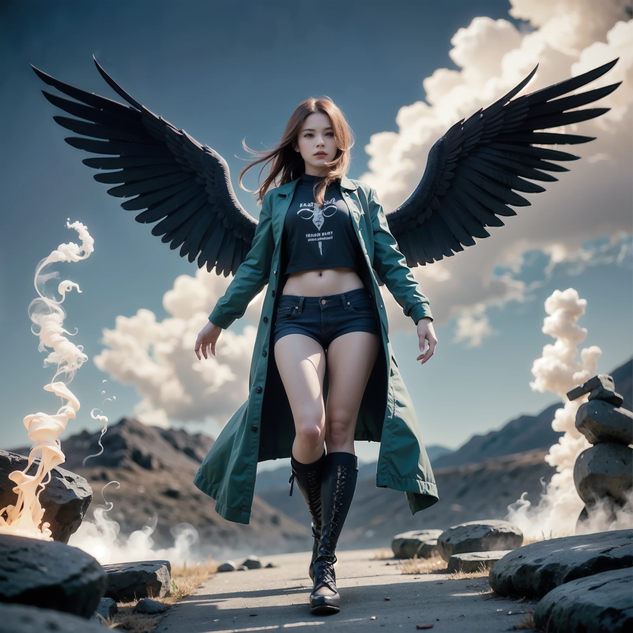 8k, ultra detailed, master part, Best Quality, (extremely detailed), Arafed, arte dnd, panoramic view, whole body, Sorceress Aasimar casting a flaming spell, Aasimar, female, (First work 1.3, intense details), female, witch, Flaming Spell Casting (First work 1.3, intense details) big angelic wings, Blue angelic wings open (First work 1.3, intense details), magic fantasy background (First work 1.5, intense details), of the, stars, cloud, wearing a green cape, dark green cover, fluid coat (First work 1.3, intense details), high jump boots (First work 1.3, intense details), armed with personnel, Red hair, green eyes, intense eyes, female, Ultra detailed face, (First work 1.5, Best Quality), anatomically correct (First work 1.3, intense details), determined face, Divine light, cinematic lighting, Luz outfit, silhouette, Photorealism, panoramic view (First work 1.3, intense details) , wide angle, Angular ultragrande, 8k, high, Best Quality, High details