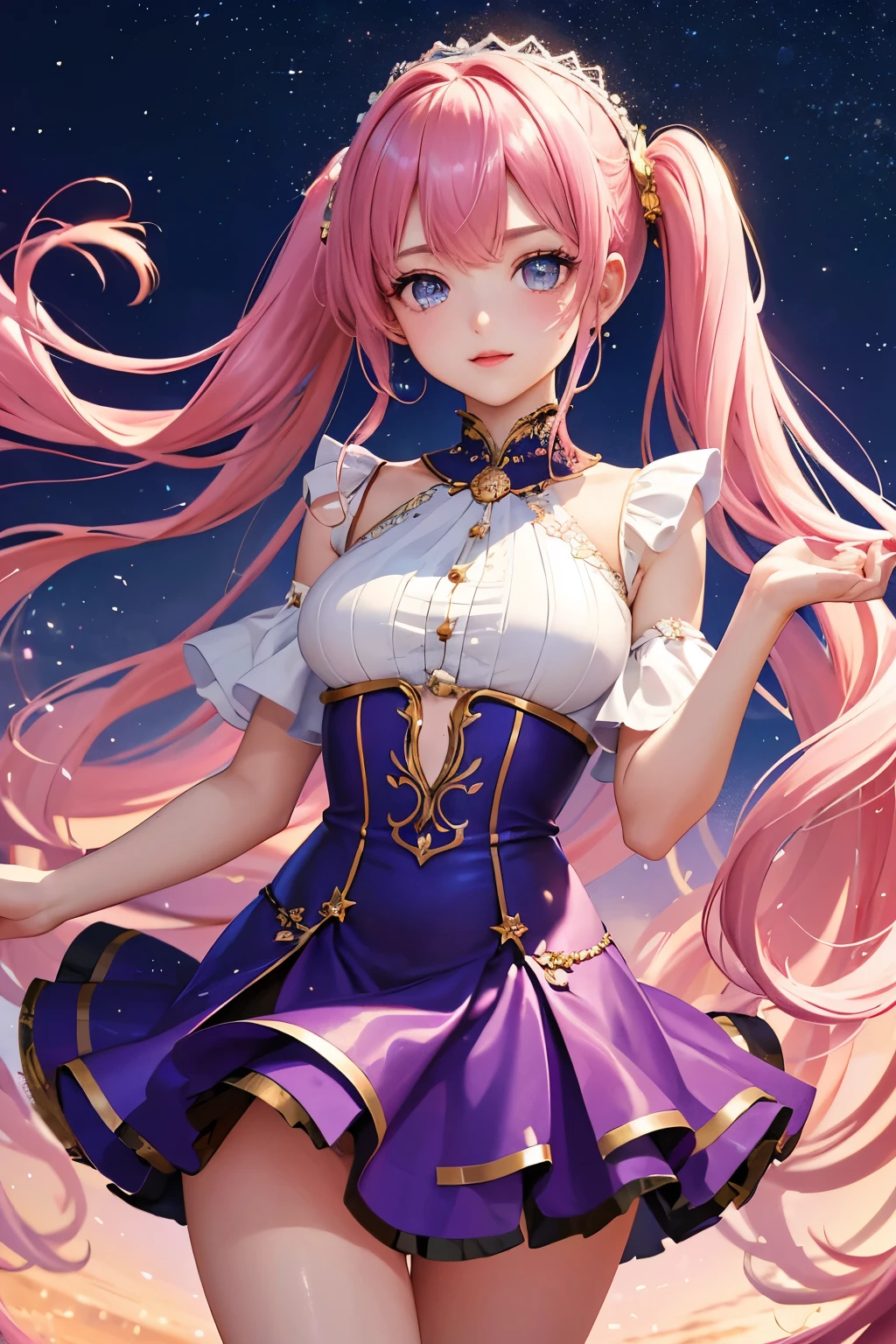 Highest quality、Highest quality、Masterpiece、woman1people、Purple shiny decollete dress、Golden embroidery、Frill mini skirt dress、Perfect body line、Adorable poses、Realistic、Glowing Skin、Groomed eyebrows、Pink Lips、Pink Hair、Blue Eyes、Twin tails、delicate、Shiny Hair、detailed、Skirt in the wind、White frills、The background is the starry sky and the sea