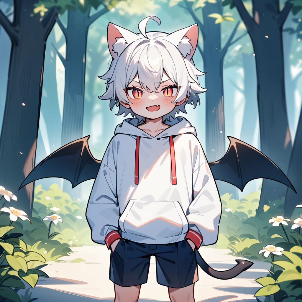 (masterpiece:1.2,high quality),8K,High resolution,A seven-year-old boy,cute boy,white hair,short hair,light red eyes,slit pupils, ahoge,cat ears,evil smile,skin fang,Halation,It has black wings on the back,Wearing a white hoodie,Dark blue shorts,Stand in the forest,There are flowering trees on both sides.,primary school student,thigh,alone,demon tail,(Put your hands in your pockets)