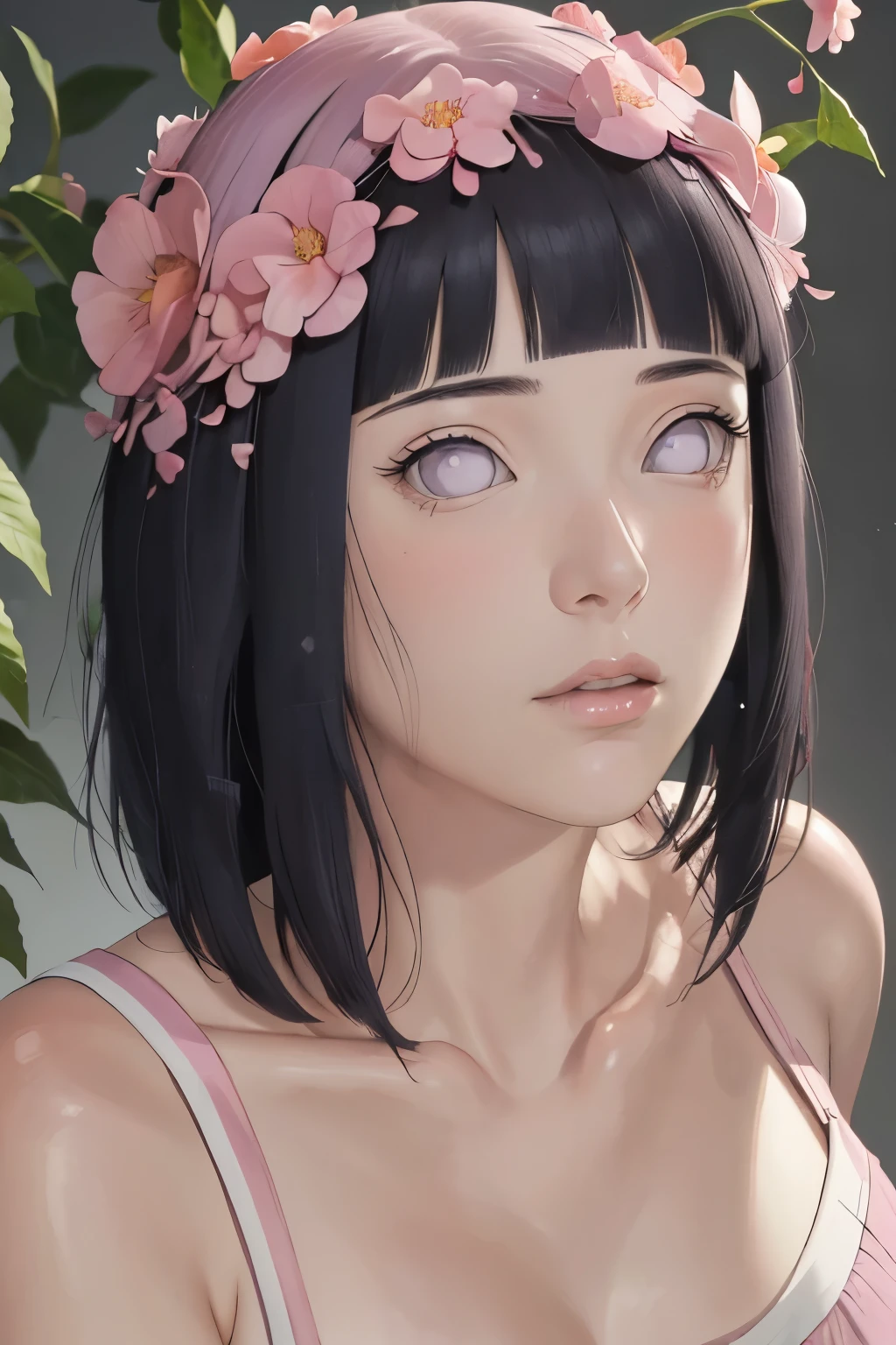 masterpiece, absurdres, hinata\(boruto\), 1girl, solo,mature female, spaghetti strap knit, looking at viewer, (falling petals), perfect composition, detailed lips, big breast, beautiful face, body propotion, blush, (pink lips), long hair, purple eyes, soft gaze, super realistic, detailed, photoshoot, realistic face and body,