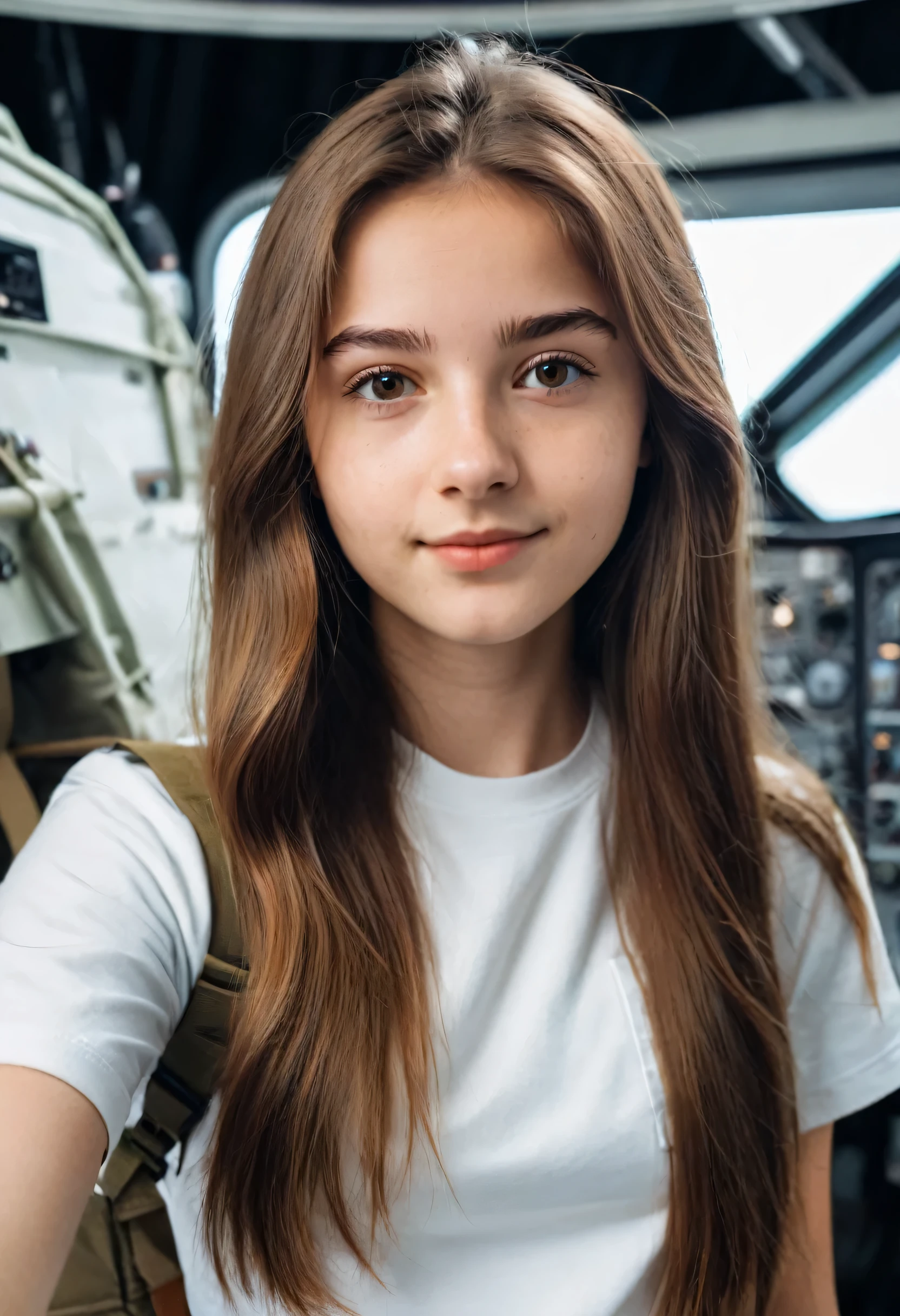 Une photo selfie d'une jeune fille de 18 ans mignonne. She has long brown hair.. She is in an aerospace company . She is dressed in a white t-shirt and brown cargo pants. cinematic, realistic
