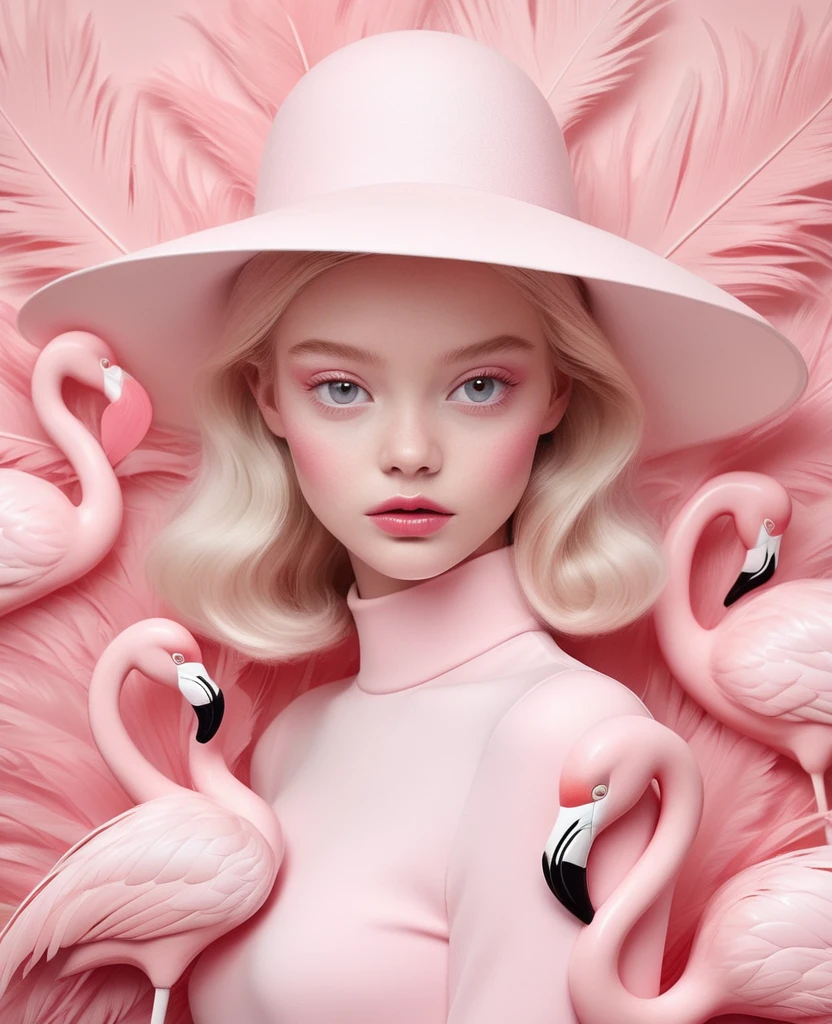 A blonde girl wearing a white hat made of flamingo feathers,The background is pink,With pink hue, Hugh Kretschmer (hugh kretschmer) and Nicoletta Sekoli (Nicoletta Ceccoli) Detailed illustrations of the style,Features magical realism style and soft pink color, Pale pink color scheme,Symmetrical composition and minimalist design,Similar to fashion magazine covers or editorial photography.